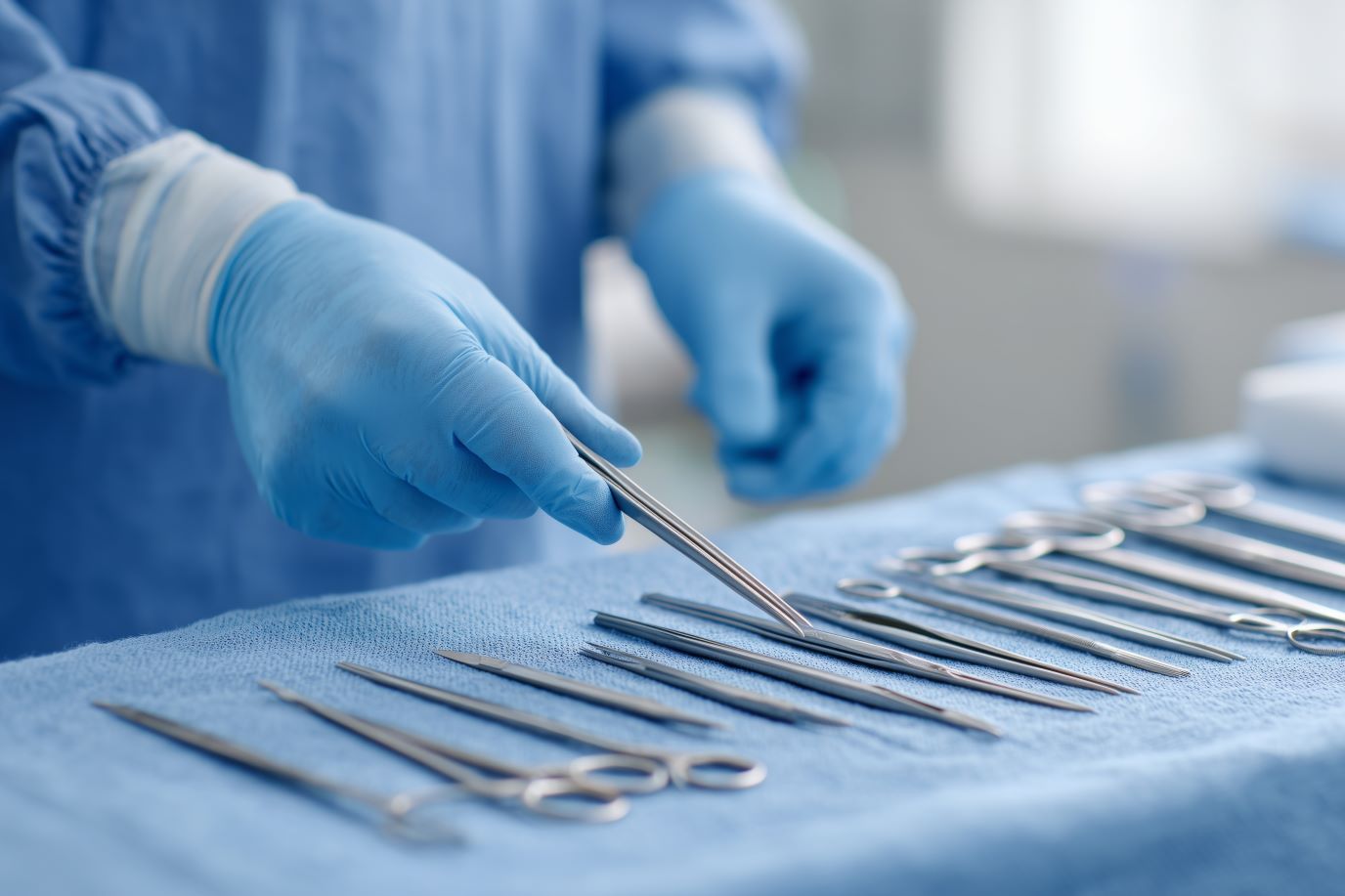 Surgical instruments lined up on table