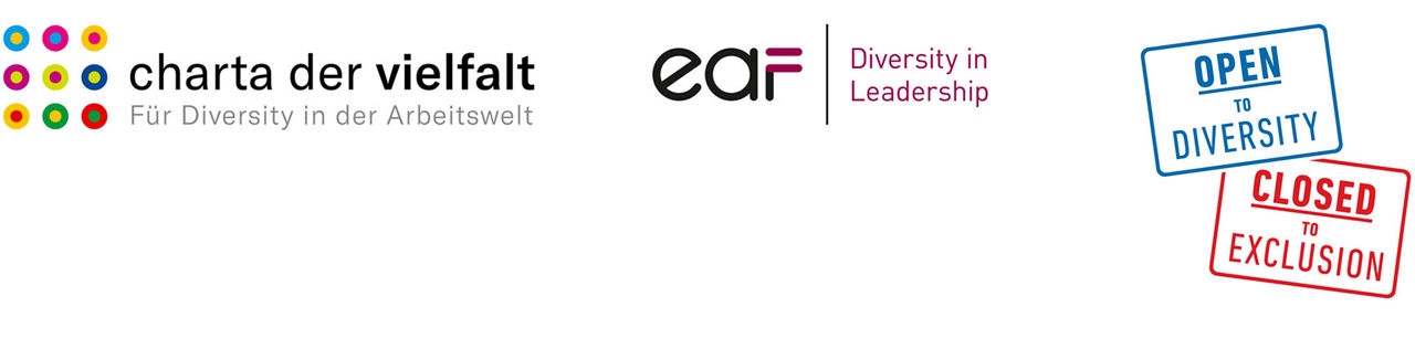 Teksten "Charter of diversity, for diversity in the working environment" ved siden av logoen med ni punkter i ulike farger med ulike konturer. Rett ved siden av er logoen til eaf med teksten "Diversity in leadership". Helt til høyre er det et blått skilt med setningen "Open to Diversity" og et rødt skilt under med setningen "Closed to Exclusion". 